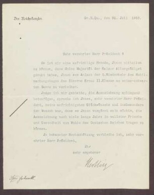 Schreiben von Georg von Hertling an Constantin Fehrenbach, Verleihung des Eisernen Kreuzes II. Klasse an Constantin Fehrenbach