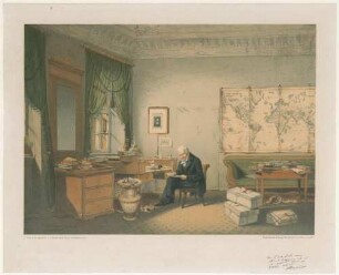 Alexander von Humboldt in seinem Arbeitszimmer, am 2. Band des "Kosmos" schreibend.