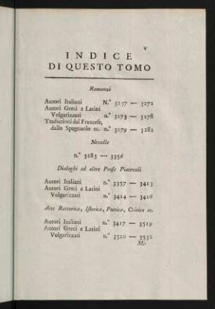 V-VIII, Indice di Questo Tomo