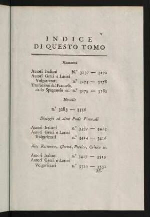 V-VIII, Indice di Questo Tomo