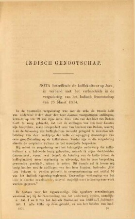 Nota betreffende de koffiekultuur op Java, in verband met het verhandelde in de vergadering van het Indisch Genootschap van 28 Maart 1874