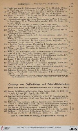Cataloge von Oeffentlichen und Privat-Bibliotheken (Nr. 420 - 459)