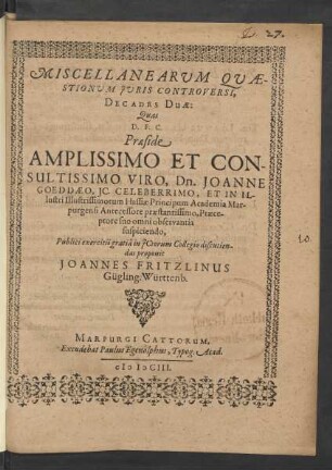 Miscellanearum Quaestionum Iuris Controversi, Decades Duae