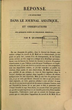 Réponse à un article publié dans le Journal Asiatique, et observations sur quelques points de philologie orientale