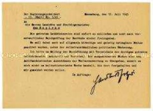 Anweisung an die Landräte und Oberbürgermeister des Regierungsbezirkes Merseburg zur Schließung aller privaten Leihbüchereien