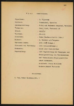 Stadttheater, Wien: Schriftstück zum Fragebogen für das Handbuch »Das Deutsche Theater«