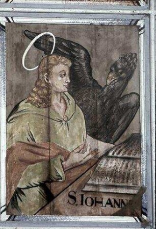 Maria, Christus, Engel und Heilige zwischen Ornamentfeldern