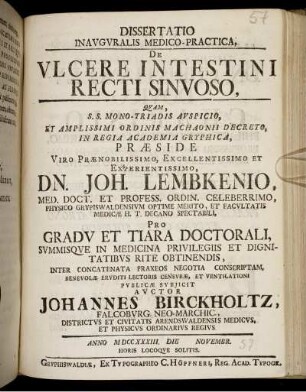 Dissertatio Inauguralis Medico-Practica, De Ulcere Intestini Recti Sinuoso : Anno M DCC XXXIII. Die [] Novembr.