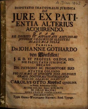 Disputatio Inauguralis Juridica De Jure Ex Patientia Alterius Acquirendo