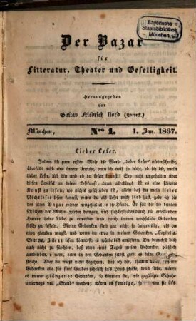 Der Bazar für Kunst, Literatur, Theater und Geselligkeit. 1837, Jan.-Juni