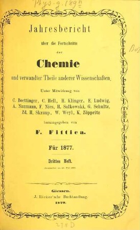 Jahresbericht über die Fortschritte der Chemie und verwandter Teile anderer Wissenschaften. 1877,2 (1879)