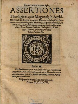 De sacramentis novae legis assertiones theologicae
