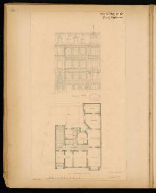 Wohnhausgruppe, Halle/Saale Monatskonkurrenz August 1882: Grundriss und Aufriss Fassade Haus III; Maßstabsleiste