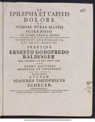 De Epilepsia Et Capitis Dolore Ex Tvmore Dvrae Matris Scirrhoso Et Carie Cranii Ortis