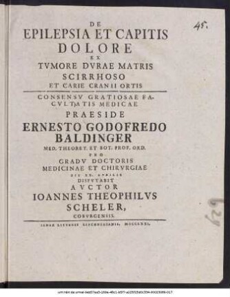 De Epilepsia Et Capitis Dolore Ex Tvmore Dvrae Matris Scirrhoso Et Carie Cranii Ortis