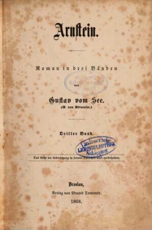 Arnstein : Roman in drei Bänden von Gustav vom See. . 3