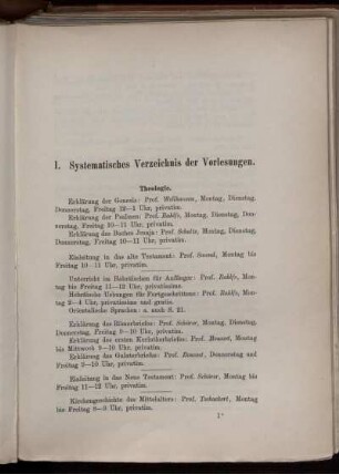 I. Systematisches Verzeichnis der Vorlesungen