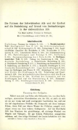 Die Formen der Schwäbischen Alb und ihr Einfluß auf die Besiedelung auf Grund von Beobachtungen in der südwestlichen Alb