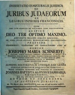 Diss. inaug. iur. de iuribus Iudaeorum ex legibus inprimis Franconicis