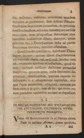 §. I. De Sectae Socinianae Sev Unitariae Initiis, ...