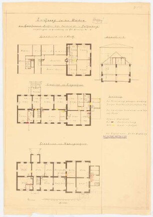 Gartenstadt Falkenberg, Berlin-Altglienicke: Umbau Gutshaus: Grundriss UG, KG, 1.OG, Schnitt