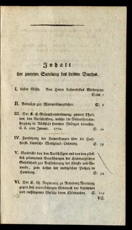 Inhalt der zweyten Samlung des dritten Bandes