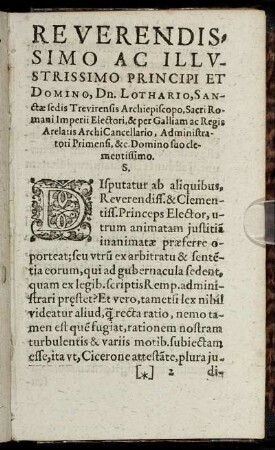 Reverendissimo ... Dn. Lothario, Sanctae sedis Trevirensis Archiepiscopo ...