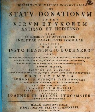 Diss. iur. inaug. de statu donationum inter virum et uxorem antiquo et hodierno
