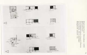 Feriendorf (Diplomarbeit bei Willy Kreuer): Bungalow, Grundrisse, Ansichten von Norden, Westen, Süden und Osten