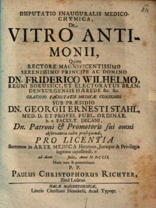 Disputatio inauguralis medico-chymica, de vitro antimonii