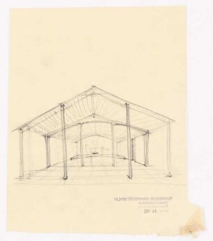 Siedlung Hinrichssegen, Bruckmühl Friedhof: Perspektivische Ansicht (Skizze) des Innenraumes der Friedhofskapelle