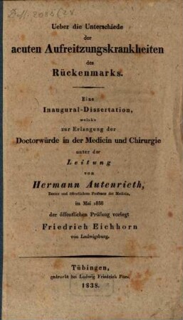 Über die Unterschiede der acuten Aufreitzungskrankheiten des Rückenmarks : Eine Inaug.-Diss.