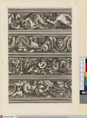 [Vier Entwürfe für Friese mit Putto mit Satyrmaske, Waffen, einem Bacchanal mit Satyr und einem Greif mit Füllhorn; Sur la frise du haut, un homme. à gauche étranglant un monstre marin]
