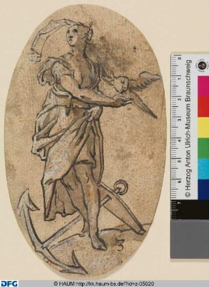 Allegorische weibliche Gestalt mit Taube auf der Hand und Anker zu Füßen