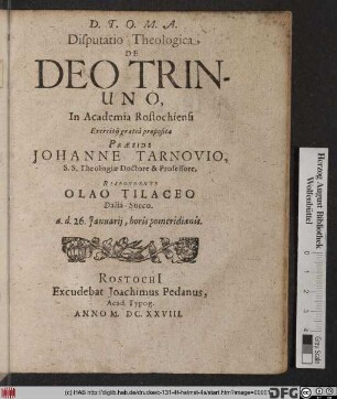Disputatio Theologica De Deo Trinuno