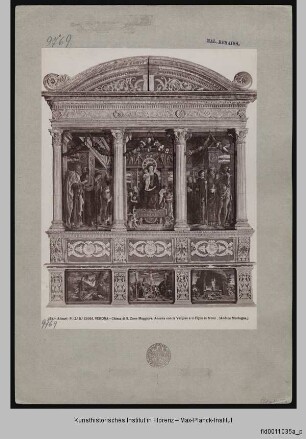 Pala di San Zeno - Thronende Madonna, Hl. Petrus, Paulus, Johannes Ev., Zeno, Benedikt, Laurentius, Gregor v. Nazianz, Johannes d. T., zehn musizierende Engel, Ölberg, Kreuzigung, Auferstehung