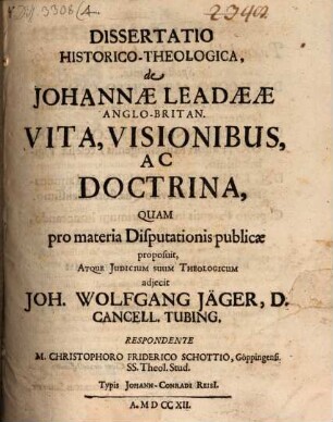 Diss. hist.-theol. de Johannae Leadaeae ... vita, visionibus ac doctrina : Continuatio