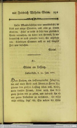61. Gleim an Lessing. Halberstadt, den 10. Jan. 1771