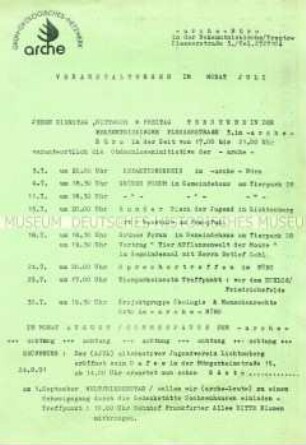 Veranstaltungsplan des Netzwerkes "arche" für Juli 1991 - Sachkonvolut