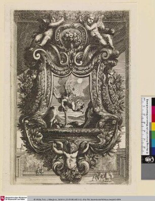 [Entwurf eines Weihwasserbeckens mit einem Gemälde eines Engel; Au-dessus de la terrasse d'un palais, un bénitier orné d'un ange]