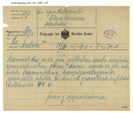 Telegramm an Richard Dehmel