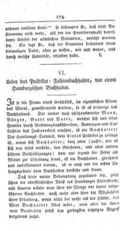 VI. Ueber das Prädikat: Fallitenbuchhalter, von einem Hamburgischen Buchhalter.