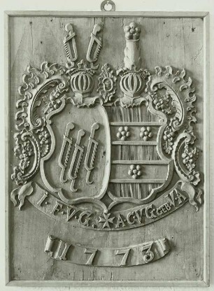 Holzmodell für eine Ofenplatte; Wappen: Johann Friedrich von Gustedt und Agnes Christine von Gustedt, geborene von Alvensleben