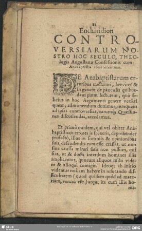 Enchiridion Controversarium Nostro Hoc Seculo, Theologis Augustanae Confessionis cum Anabaptistis intercedentium