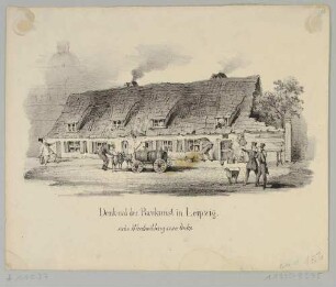 Humoristische Darstellung, baufälliges Gebäude als "Denkmal der Baukunst" in Leipzig