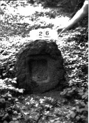 Grabstein 26 (Index: 100105614) Material: Muschelkalk Zustand: Schriftplatte fehlt Maße HxBxT: 72x58x53 cm Beschreibung: Stele, rustica, Rundbogenabschluß, rechteckiges Schriftfeld eingetieft: Grabstein 26