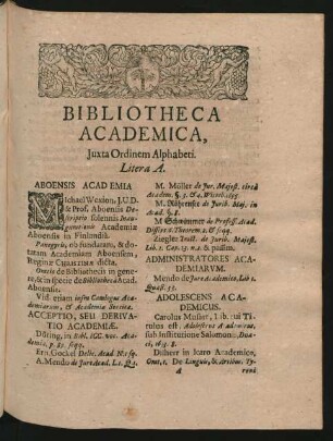 Bibliotheca Academica, Iuxta Ordinem Alphabeti. Litera A.