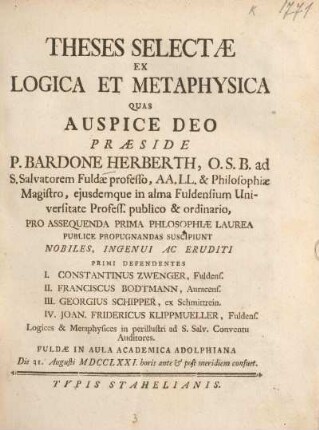 Theses selectae ex logica et metaphysica