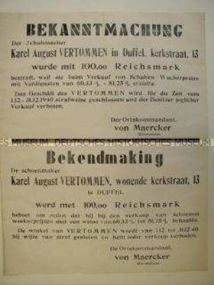 Maueranschlag zur Verurteilung eines Schumachers wegen Preiswuchers (zweisprachig)