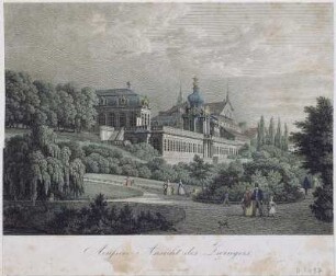 Aeussere Ansicht des Zwingers : Außenansicht des Zwingers, Stahlstich, koloriert; 18,5 x 22,5 cm. um 1850